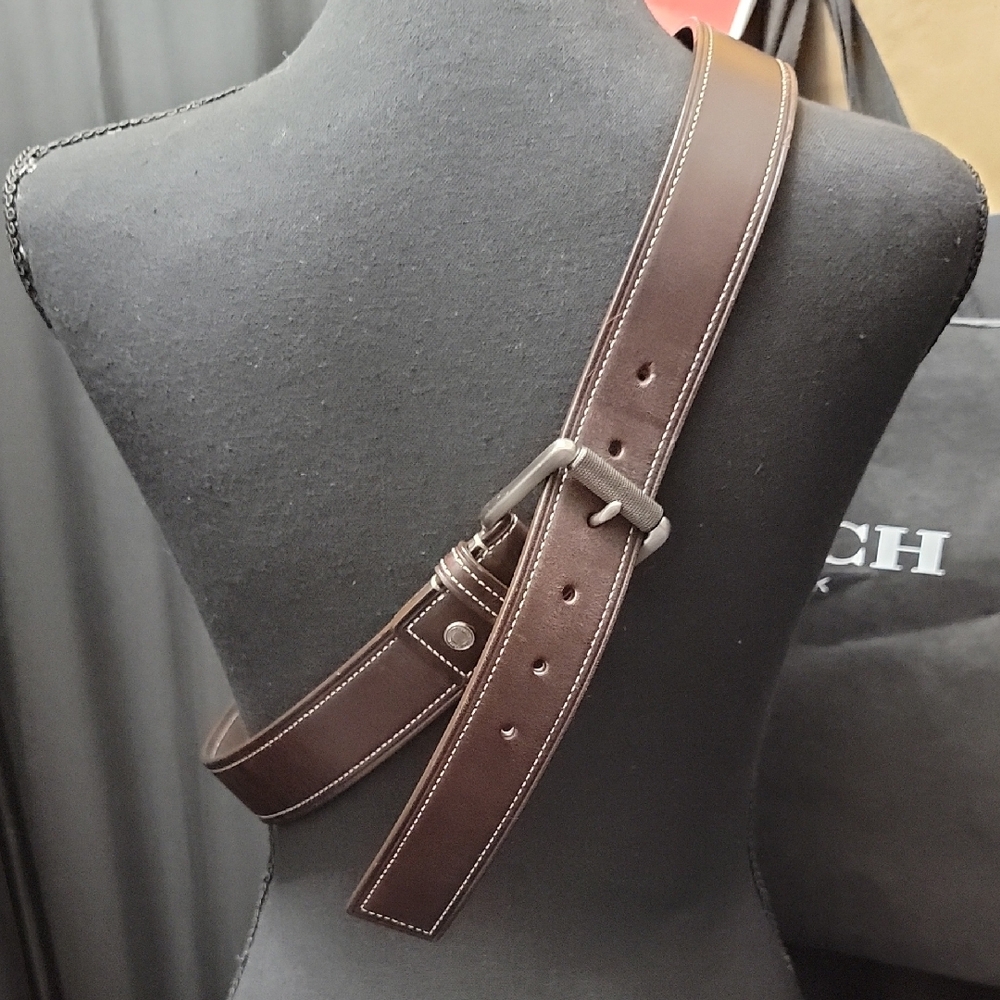 Coach Dark Brown Leather Belt  W 1.5 Satin Silver Steel Roller Buckle No. 90009
